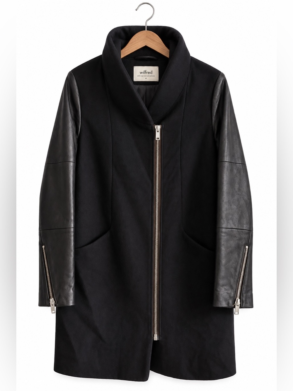 Wilfred Wool Cashmere Lambskin Moto Cocoon Coat Black M